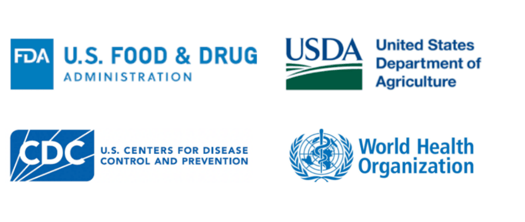 Logos of FDA, USDA, CDC, and WHO endorsing food irradiation for safety and nutrition in pet feeder animals.