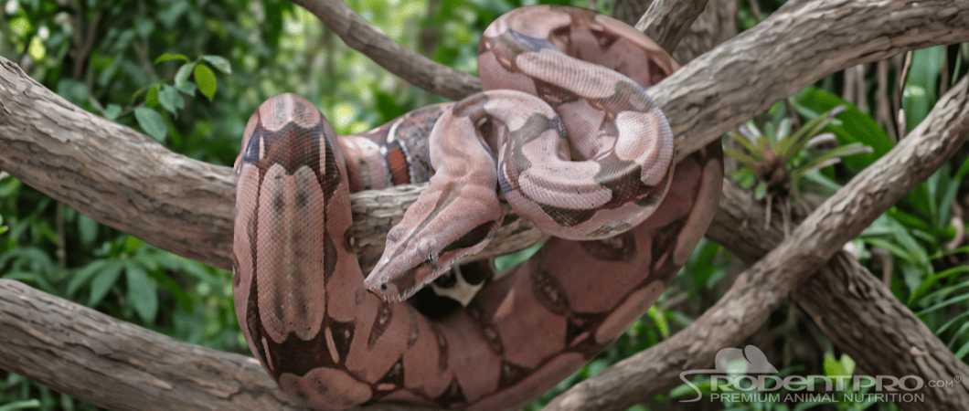 Boa Constrictor resting on a branch, showcasing its distinctive coloration and patterns.