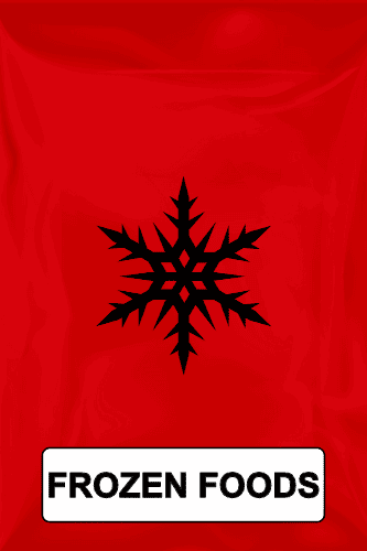 Red background with a black snowflake symbol and bold text that reads frozen foods.