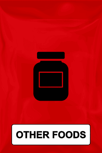 Red background with a black jar icon and bold text reading other foods.