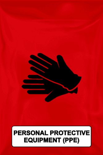 Black icon of disposable gloves on a red background with text that reads Personal Protective Equipment.
