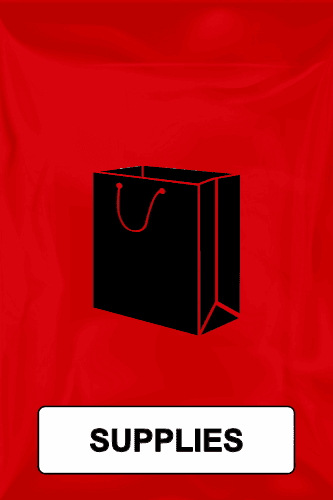 Red background with a black shopping bag icon and bold text that reads supplies.  