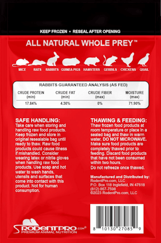 Frozen Fuzzy rabbit product packaging from RodentPro, featuring a red and black design, labeled as "All Natural Whole Prey," suitable for carnivorous animals, with details on quantity and weight specifications. - Thumbnail 2
