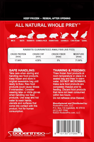 frozen pinky rabbit product packaging from RodentPro, featuring a red and black design, labeled as "All Natural Whole Prey," suitable for carnivorous animals, with details on quantity and weight specifications. - Thumbnail 2