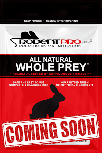 frozen pinky rabbit product packaging from RodentPro, featuring a red and black design, labeled as "All Natural Whole Prey," suitable for carnivorous animals, with details on quantity and weight specifications.