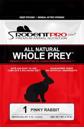 frozen pinky rabbit product packaging from RodentPro, featuring a red and black design, labeled as "All Natural Whole Prey," suitable for carnivorous animals, with details on quantity and weight specifications.