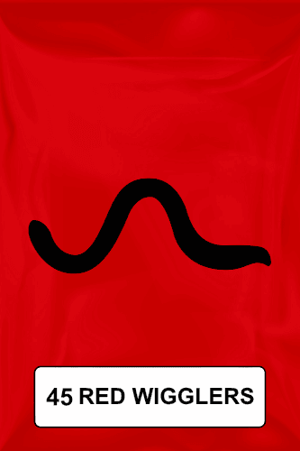 A black silhouette of a red wiggler worm on a red background. 