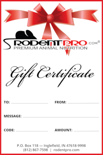 RodentPro gift certificate design featuring a red ribbon, customizable fields for recipient details, and branding elements indicating premium animal nutrition.
